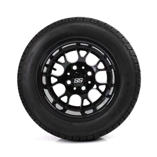 SS Wheels Alpha 12x7 Gloss Black & Gladiator Golf A/P Tire Combo golf cart wheel and tire – view 2