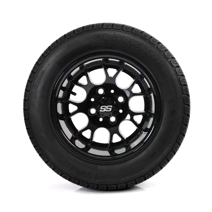 SS Wheels Alpha 12x7 Gloss Black & Gladiator Golf A/P Tire Combo golf cart wheel and tire – view 2