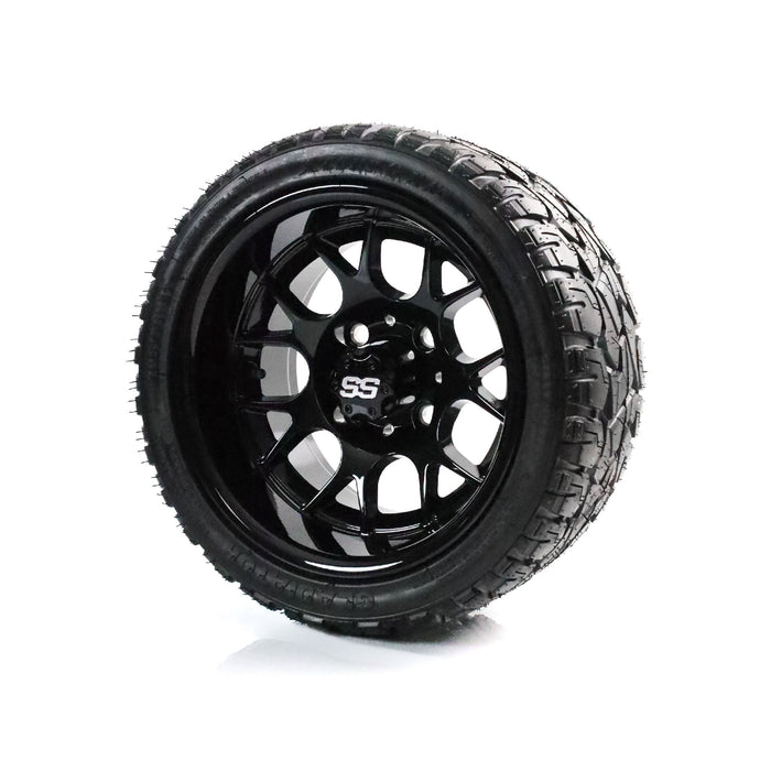 SS Wheels Alpha 12x7 Gloss Black & X Comp X/T Tire Combo golf cart wheel and tire