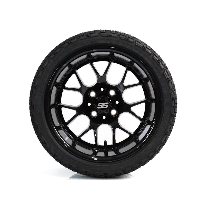 SS Wheels Alpha 14x7 Gloss Black & X Comp A/T Tire Combo golf cart wheel and tire – view 3