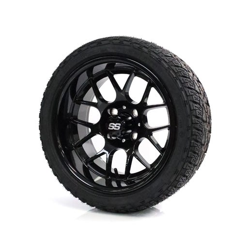 SS Wheels Alpha 14x7 Gloss Black & X Comp A/T Tire Combo golf cart wheel and tire