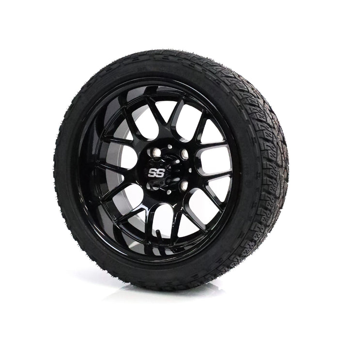 SS Wheels Alpha 14x7 Gloss Black & X Comp A/T Tire Combo golf cart wheel and tire