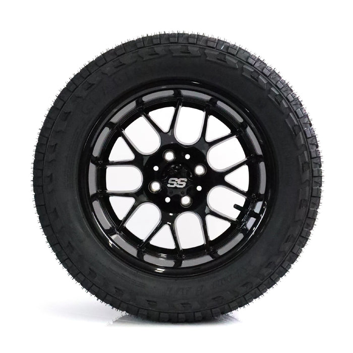 SS Wheels Alpha 14x7 Gloss Black & X Comp A/T Tire Combo golf cart wheel and tire – view 6