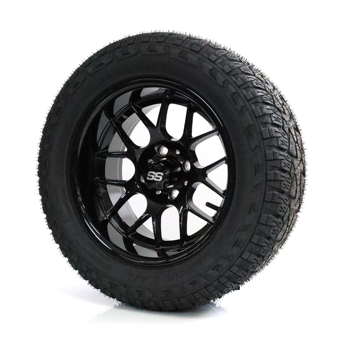 SS Wheels Alpha 14x7 Gloss Black & X Comp A/T Tire Combo golf cart wheel and tire – view 4
