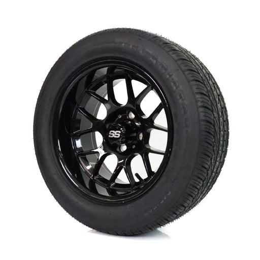 SS Wheels Alpha 14x7 Gloss Black & X Comp H/T Tire Combo golf cart wheel and tire