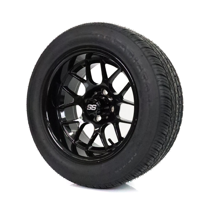 SS Wheels Alpha 14x7 Gloss Black & X Comp H/T Tire Combo golf cart wheel and tire