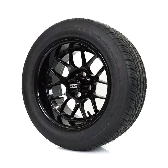 SS Wheels Alpha 14x7 Gloss Black & X Comp H/T Tire Combo golf cart wheel and tire – view 4