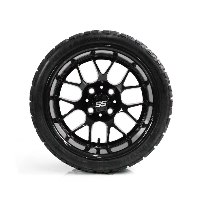 SS Wheels Alpha 14x7 Gloss Black & X Comp X/T Tire Combo golf cart wheel and tire – view 3