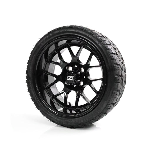 SS Wheels Alpha 14x7 Gloss Black & X Comp X/T Tire Combo golf cart wheel and tire