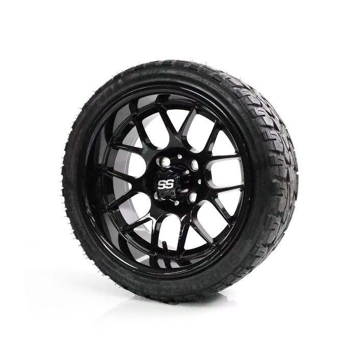 SS Wheels Alpha 14x7 Gloss Black & X Comp X/T Tire Combo golf cart wheel and tire