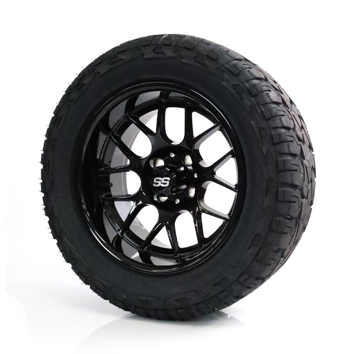 SS Wheels Alpha 14x7 Gloss Black & X Comp X/T Tire Combo golf cart wheel and tire – view 4