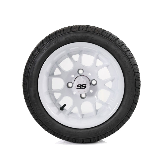 SS Wheels Alpha 12x7 Gloss White & Gladiator Golf A/P Tire Combo golf cart wheel and tire – view 3