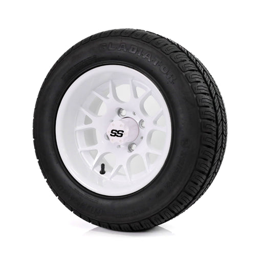 SS Wheels Alpha 12x7 Gloss White & Gladiator Golf A/P Tire Combo golf cart wheel and tire