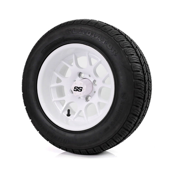 SS Wheels Alpha 12x7 Gloss White & Gladiator Golf A/P Tire Combo golf cart wheel and tire