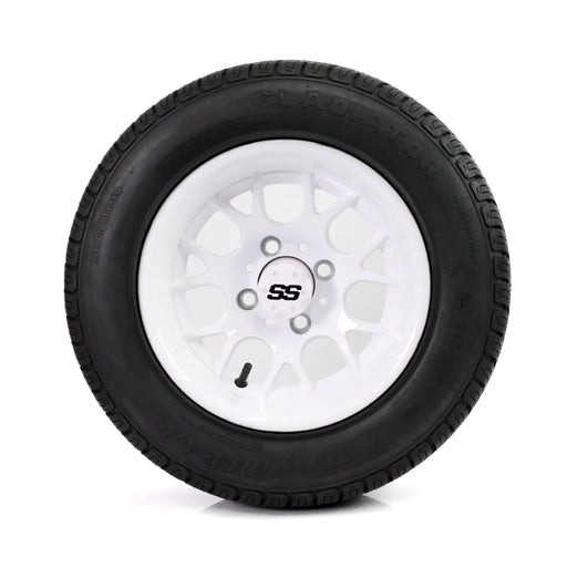SS Wheels Alpha 12x7 Gloss White & Gladiator Golf A/P Tire Combo golf cart wheel and tire – view 2