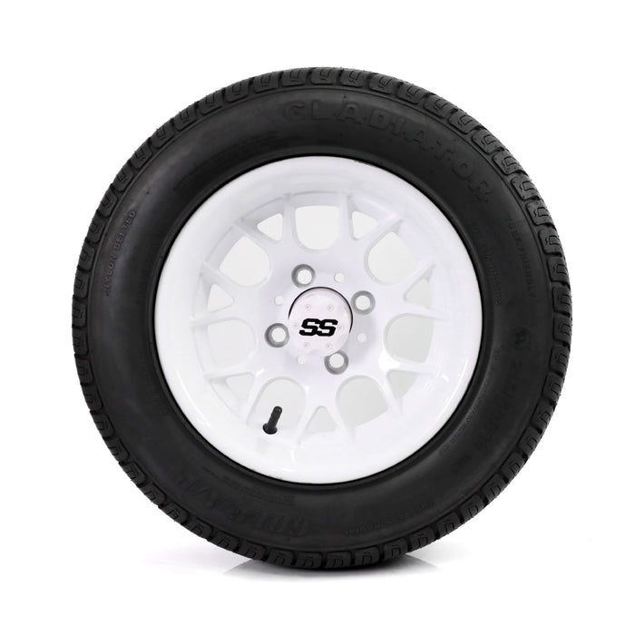 SS Wheels Alpha 12x7 Gloss White & Gladiator Golf A/P Tire Combo golf cart wheel and tire – view 2