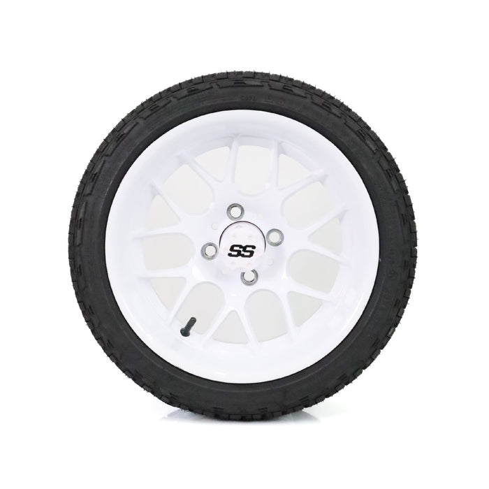 SS Wheels Alpha 14x7 Gloss White & X Comp A/T Tire Combo golf cart wheel and tire – view 3