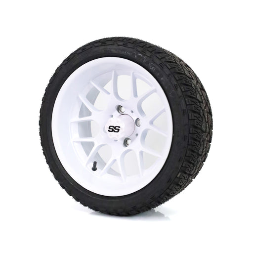 SS Wheels Alpha 14x7 Gloss White & X Comp A/T Tire Combo golf cart wheel and tire