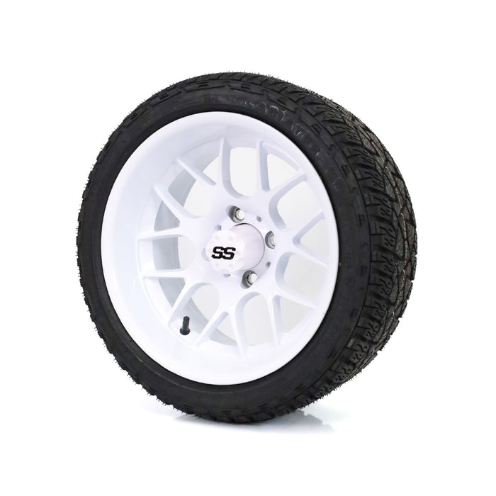 SS Wheels Alpha 14x7 Gloss White & X Comp A/T Tire Combo golf cart wheel and tire