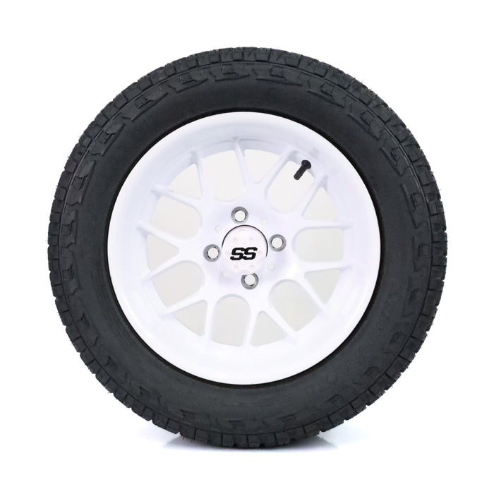SS Wheels Alpha 14x7 Gloss White & X Comp A/T Tire Combo golf cart wheel and tire – view 5