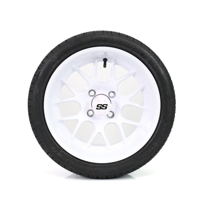 SS Wheels Alpha 14x7 Gloss White & X Comp H/T Tire Combo golf cart wheel and tire – view 3