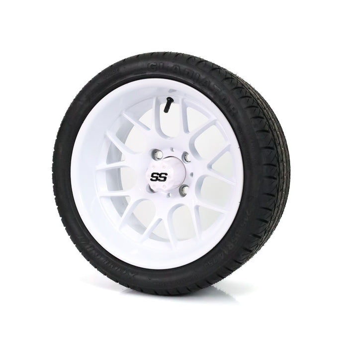 SS Wheels Alpha 14x7 Gloss White & X Comp H/T Tire Combo golf cart wheel and tire