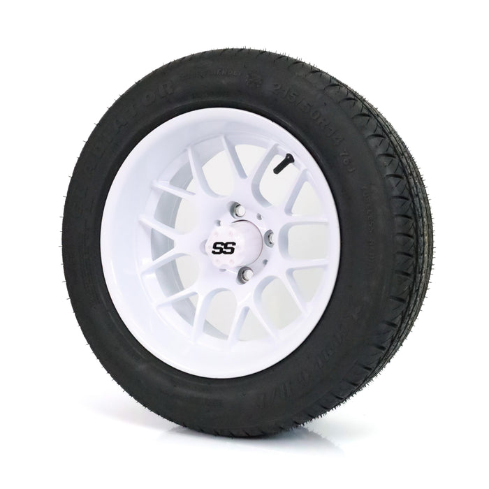 SS Wheels Alpha 14x7 Gloss White & X Comp H/T Tire Combo golf cart wheel and tire – view 4