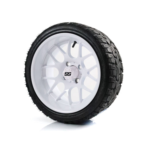 SS Wheels Alpha 14x7 Gloss White & X Comp X/T Tire Combo golf cart wheel and tire