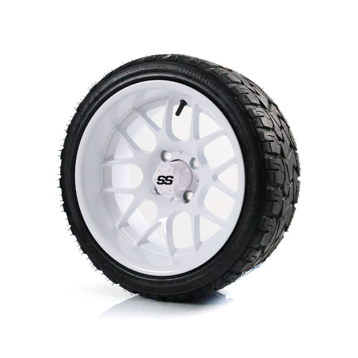 SS Wheels Alpha 14x7 Gloss White & X Comp X/T Tire Combo golf cart wheel and tire