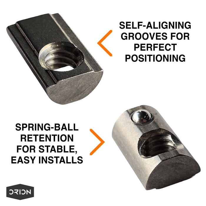 Orion Van Gear 10S Self-Aligning Roll-In T-Nuts with Ball Spring – 304 Stainless Steel (1/4-20 Thread) - Detail View 2