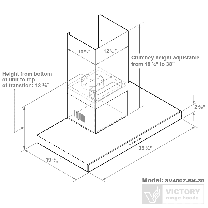 Victory Range Hoods 36 Inch 600 CFM Black Wall Mount Range Hood - VICTORY SV400Z-BK