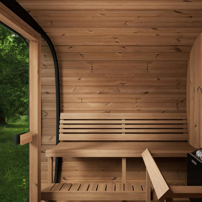 Green Vista Living SaunaLife Model CL7G Cube-Series Outdoor Sauna | 6 Persons - Lifestyle View