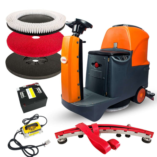 SUNMAX RT70+ Industrial Ride-On Floor Scrubber, 22" Brush Cleaning Path, Lithium Battery