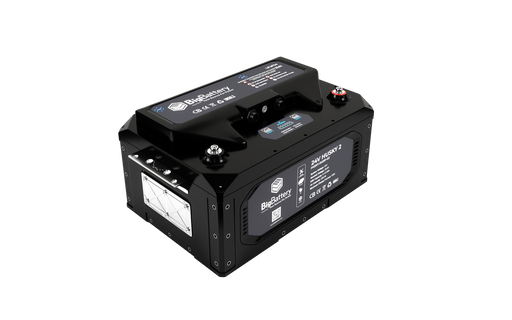 BigBattery - 24V HUSKY 2 - LiFePO4 Lithium Battery 5.12kWh - For RVs, Camper Vans & Commercial Vehicles - Angled view of BigBattery 24V HUSKY 2 showing terminals on top of battery