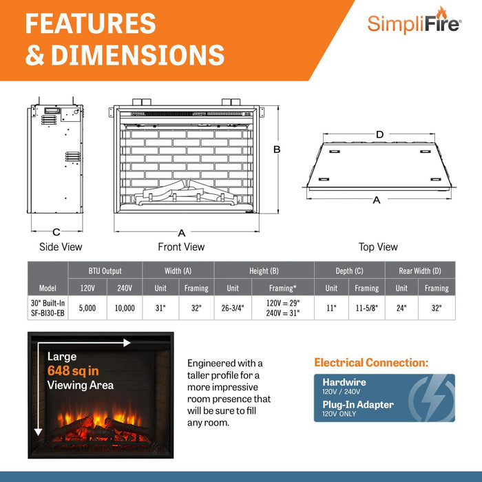 SimpliFire 30" Traditional Electric Built-In Fireplace SimpliFire