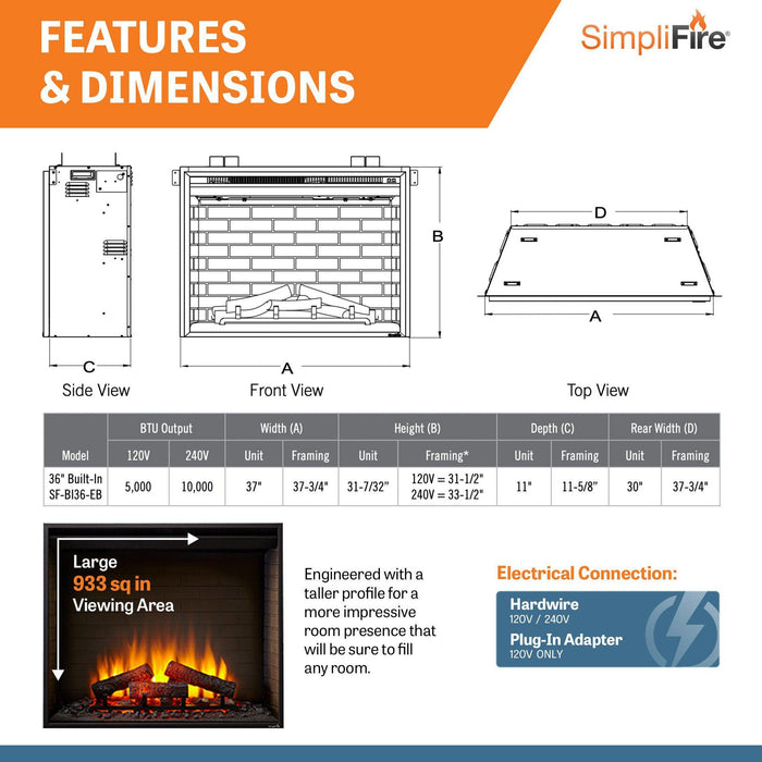 SimpliFire 36" Traditional Electric Built-In Fireplace SimpliFire