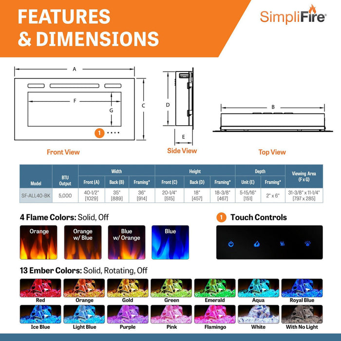 SimpliFire Allusion 40" Linear Electric Recessed Fireplace SimpliFire