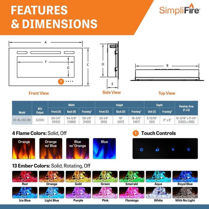 SimpliFire Allusion 60" Linear Electric Recessed Fireplace SimpliFire