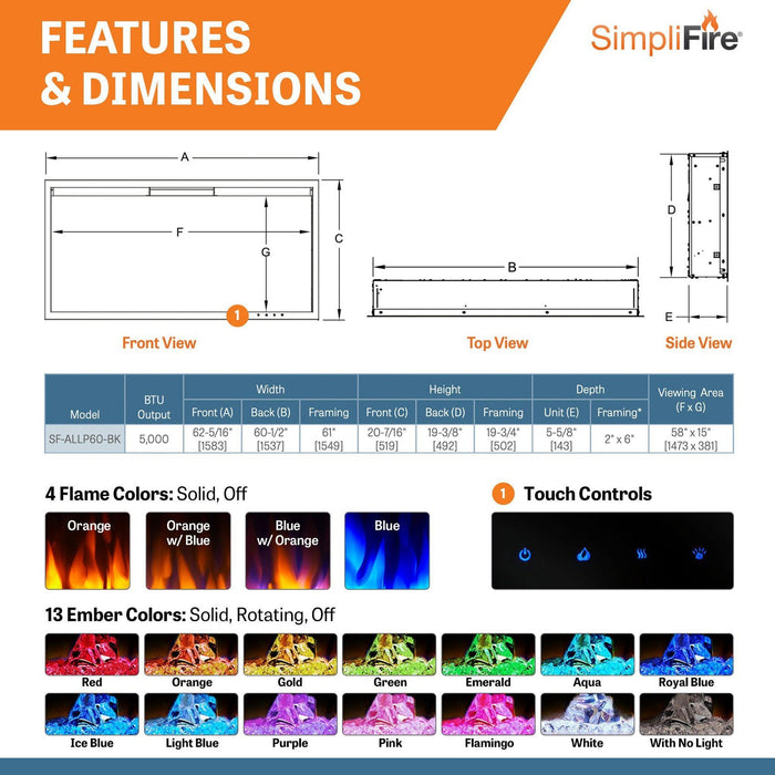 SimpliFire Allusion Platinum 60" Linear Electric Recessed Fireplace SimpliFire