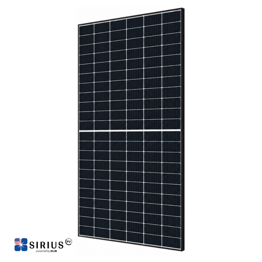 Sirius PV 630W Bifacial Solar Panel - Sirius 360W solar panel front-facing and tilted to the left