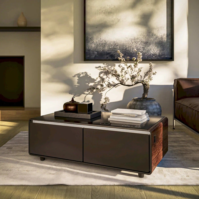 Forno Evoluto Tavolo 51-Inch Smart Coffee Table Refrigerators - Dual Cooling Zones, Wireless Charging Pad & Built-In Bluetooth Speakers, with Wood Accent Sides (FCTFR7006-51WD)