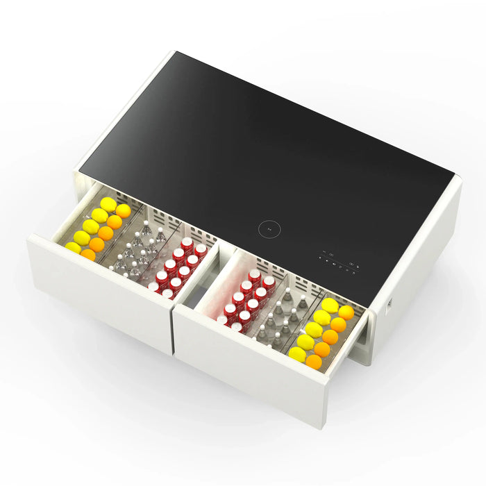 Forno Evoluto Tavolo 51-Inch Smart Coffee Table Refrigerators - Dual Drawers, Bluetooth 5.0 Audio, Wireless Charging & RGB Ambient Light in White (FCTFR7006-51WHT)