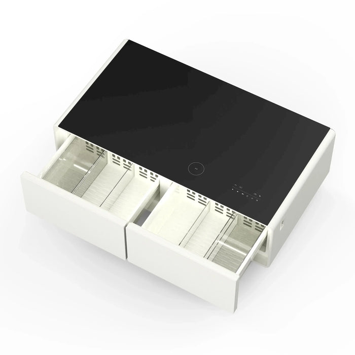 Forno Evoluto Tavolo 51-Inch Smart Coffee Table Refrigerators - Dual Drawers, Bluetooth 5.0 Audio, Wireless Charging & RGB Ambient Light in White (FCTFR7006-51WHT)