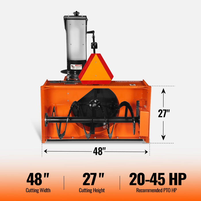 48" 3 Point PTO Snow Blower 24" Impeller Diameter 360° Snow Chute (PTO Shaft Included with Slip Clutch),  20-45 HP,  TSB48T