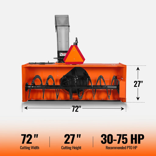 72" 3 Point PTO Snow Blower 24" Impeller Diameter 360° Snow Chute (PTO Shaft Included with Slip Clutch),  30-75 HP,  TSB72T