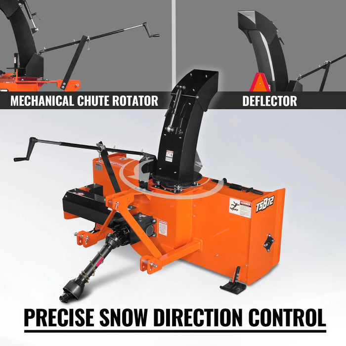 72" 3 Point PTO Snow Blower 24" Impeller Diameter 360° Snow Chute (PTO Shaft Included with Slip Clutch),  30-75 HP,  TSB72T