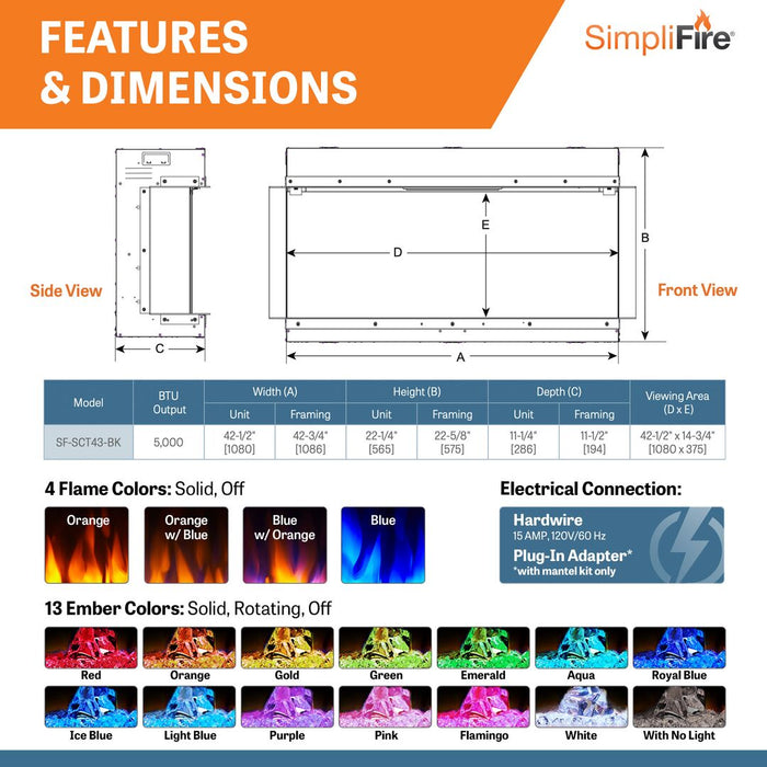 SimpliFire Scion Trinity 43" 3-Sided Linear Electric Built-In Fireplace SimpliFire