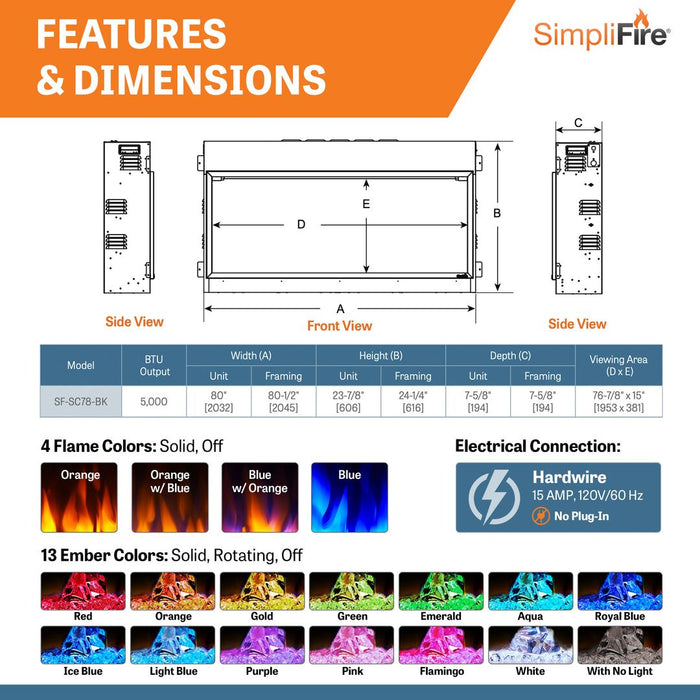 SimpliFire Scion 78" Linear Electric Built-In Fireplace SimpliFire