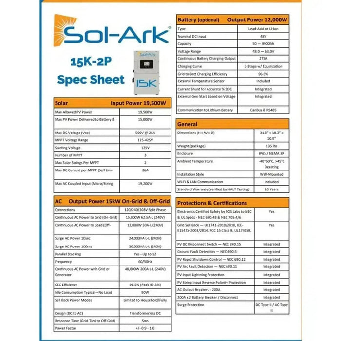 Green Vista Living Sol-Ark 15K All-In-One Hybrid Solar Inverter | 120/240/208V 48V Pre-Wired | 10-Year Warranty - View 10