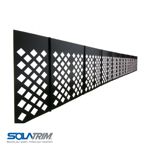 SolaTrim Solar Panel Pest Abatement Barrier - 4.5 inch - 100 ft (25 Panels) - SolaTrim black aluminum pest abatement barrier panels with diamond vent pattern arranged in a row